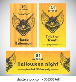 Halloween banner or party invitation collection with ink illustration and lettering. Hand drawn funny bat's head with open mouth and bared fangs. Desmodus grinning muzzle. Poster design set.