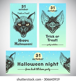 Halloween banner or party invitation collection with ink illustrations and lettering. Hand drawn scary black cat head and bat's grinning muzzle with open mouth and bared fangs. Poster design set.