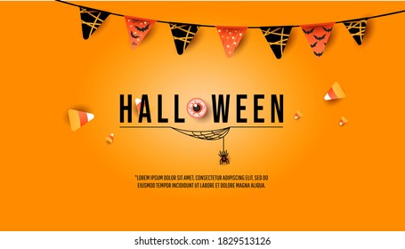Halloween banner, party invitation concept. Creative trendy decor with flags garland, colorful candies, spider with cobwebs on minimal orange background