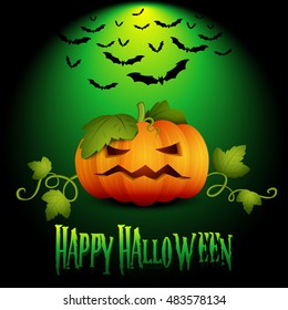 Halloween Banner, Party Invitation, Holiday Card, with Pumpkin and Flock Bats. For your Design. Vector EPS10.