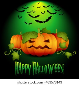Halloween Banner, Party Invitation, Holiday Card, with Pumpkin and Flock Bats. For your Design. Vector EPS10.