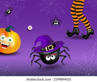 Halloween banner or party invitation purple background with pumpkins faces, witch's striped legs, running spider, web and eye, Editable Vector illustration