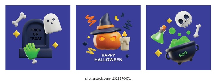 Halloween banner or party invitations set with spooky ghosts and pumpkins in 3D realistic style vector illustration. Cards templates for Halloween holiday.