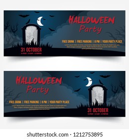 Halloween banner party with tombstone icon vector.