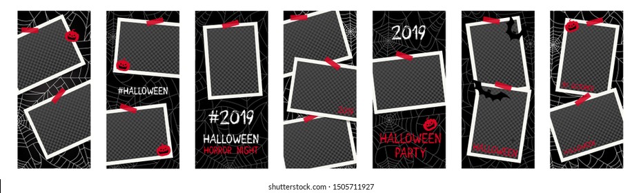 Halloween banner with photo frames, spider web, bat, pumpkin on dark, black halloween background. Scary party flyer templates.Website spooky, trick vertical banner set. Vector illustration EPS10