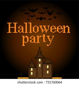 Halloween banner. Pixel art. Old school computer graphic style. Games elements.