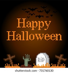 Halloween banner. Pixel art. Old school computer graphic style. Games elements.