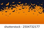 Halloween banner, poster with black bats on the orange background. Template vector Illustration for text. Halloween background with swarm of bats on orange sky. Pattern, background of halloween bat.