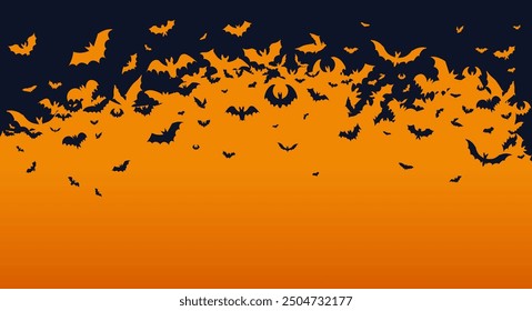 Halloween banner, poster with black bats on the orange background. Template vector Illustration for text. Halloween background with swarm of bats on orange sky. Pattern, background of halloween bat.