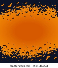 Halloween banner, poster with black bats on the orange background. Template vector Illustration for text. Halloween background with swarm of bats on orange sky. Pattern, background of halloween bat.