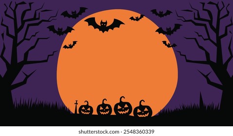 Halloween banner, poster with black bats on the orange background. Template vector Illustration for text. Halloween background with swarm of bats on orange sky. Pattern, background of halloween bat.