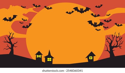 Halloween banner, poster with black bats on the orange background. Template vector Illustration for text. Halloween background with swarm of bats on orange sky. Pattern, background of halloween bat.