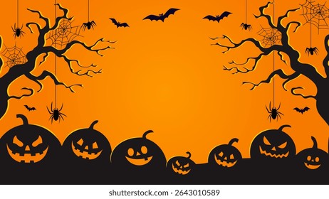 Halloween banner, poster with black bats, pumpkins and spiders on orange background. Vector illustration template for text. Halloween background with bats, spiders, pumpkins and scary trees.