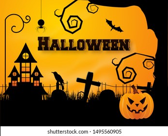 Halloween banner or poster design with haunted house and scary pumpkin on graveyard place background.