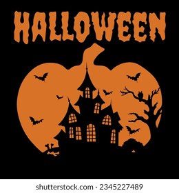 Halloween banner, poster, flyer. Orange pumpkin on a black background, castle with bats. Party invitation