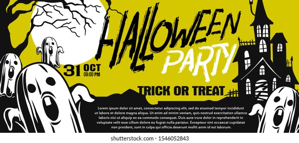 Halloween Banner and Poster Invitition Vector Flat Illustration. Full Moon Night in Spooky Forest. Place for text