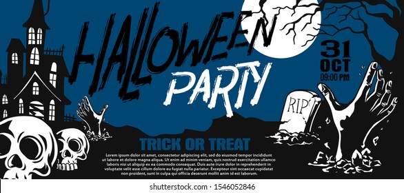 Halloween Banner and Poster Invitition Vector Flat Illustration. Full Moon Night in Spooky Forest. Place for text