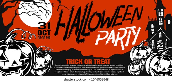 Halloween Banner and Poster Invitition Vector Flat Illustration. Full Moon Night in Spooky Forest. Place for text