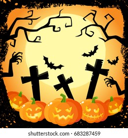 Halloween banner, poster, postcard design with three spooky pumpkin lanterns on cemetery background, cartoon vector illustration. 