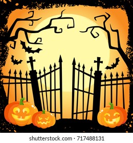 Halloween banner, poster, postcard design with three laughing pumpkin lanterns on cemetery fence background, cartoon vector illustration. Cartoon Halloween poster with pumpkinsand cemetery