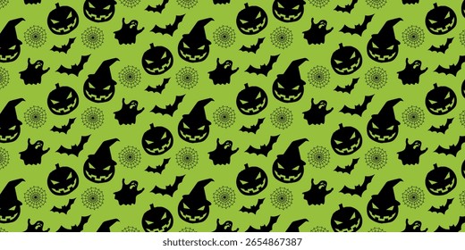 Halloween banner, poster Seamless Pattern background.Template vector Illustration for text. Halloween characters, cartoon ghost, pumpkin, bats. Print for fabric texture,background of Seamless Pattern