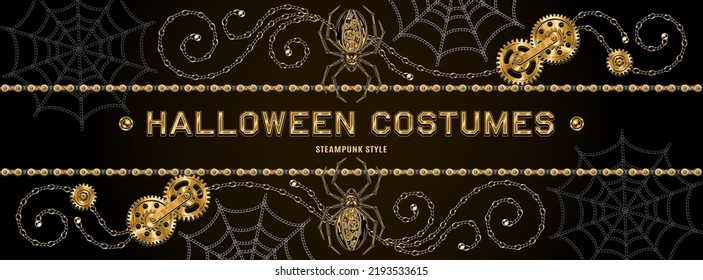 Halloween banner, poster in steampunk style. Advertising signboard, shield with copy space. Creative background with gold bike chain, gears, metallic spider, gold curls, spider web of jewelry chain