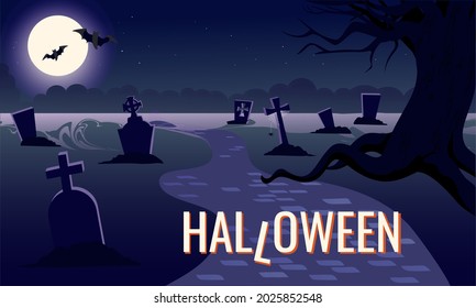 Halloween Banner, Poster.Night On The Cemetery, Graveyard. Silhouettes Of Gravestones, Tombs And Tree. Full Moon. Dark Background. Landscape. Cartoon Vector Illustration.