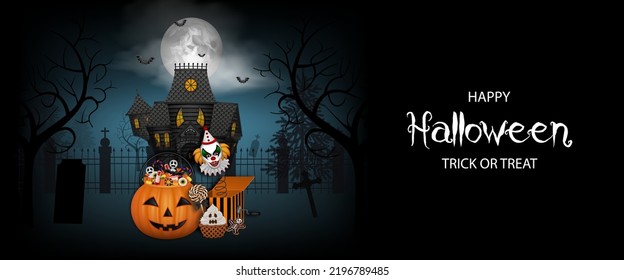 Halloween Banner With Pumpkin Bucket On Scary Landscape