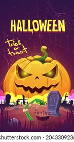 Halloween banner with a pumpkin, a cemetery and zombies.