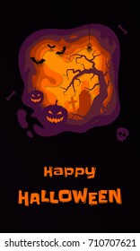 Halloween Kürbisbanner, Vollmond-Friedhofgrabstein und Zombie-Skelett. Vektor-orange Horror-Nachtgestaltung für Trick oder Grußkartenschneiden Halloween.