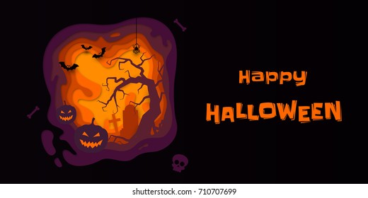 Halloween banner of pumpkin, full moon graveyard and tombstone, zombie skeleton skull and black bats. Vector orange horror night holiday for trick or treat Halloween greeting card paper carving.