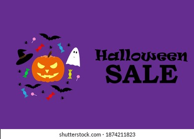 Halloween banner with pumpkin, ghost, switch hat, spiders, bats, sweets, lollipops on violet background