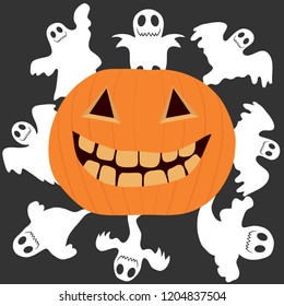 Halloween, banner with pumpkin and ghosts for Halloween. Vector halloween illustration.