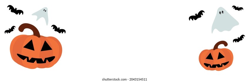 Halloween banner. Pumpkin Jack o Lantern and bats and ghosts on a white background. Vector illustration.