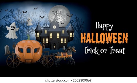halloween banner with pumpkin shaped carriage and haunted house