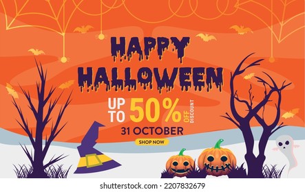 Halloween banner with pumpkin spider and bats Orange and yellow background. Vector illustration