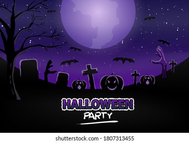 Halloween Banner with  Pumpkin . Vector Flat Illustration. Full Moon Night in Spooky Forest.
