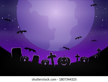 Halloween Banner with  Pumpkin . Vector Flat Illustration. Full Moon Night in Spooky Forest.