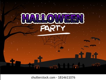 Halloween Banner with  Pumpkin . Vector Flat Illustration. Full Moon Night in Spooky Forest.