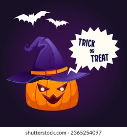 Halloween banner with pumpkin wear witch hat. Trick or treat. Square shape. Colorful vector illustration in cartoon style isolated on dark background.