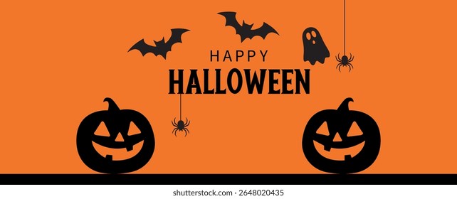 Halloween Banner with Pumpkins, Bats and Spooky Elements: A vibrant orange Halloween banner featuring two carved pumpkins, flying bats, hanging spiders, and a ghost silhouette.