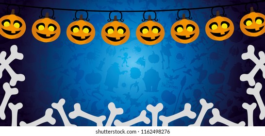 Halloween banner with pumpkins and bones on a blue background.