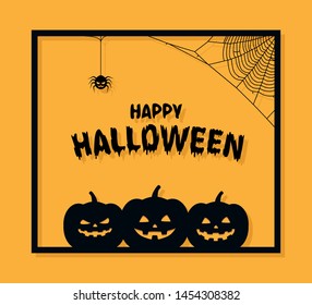Halloween banner. Pumpkins, cobweb and spider on orange background. Halloween greeting card in papercut style. Vector illustration.
