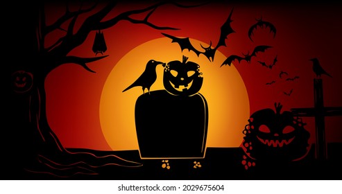 Halloween banner with pumpkins, crow, tree and gravestone, bats on a red background with an orange full moon. Festive vector illustration.