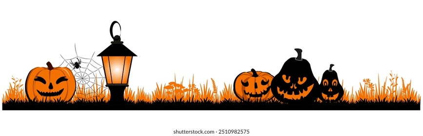 Anuncio de Halloween con calabazas y objetos de miedo, negro y naranja. Ilustración vectorial.	
