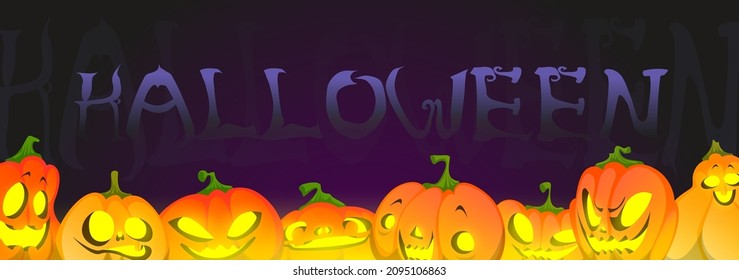 Halloween banner with pumpkins, seasonal holiday background with jack-o-lantern creepy faces with glowing eyes and spooky facial expression. Party celebration flyer or invitation, Vector illustration