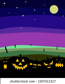 Halloween banner with pumpkins silhouettes on night background. Autumn scary landscape. Happy Halloween spooky postcard. Vector stock illustration with Holiday characters, sky with stars, glowing eyes