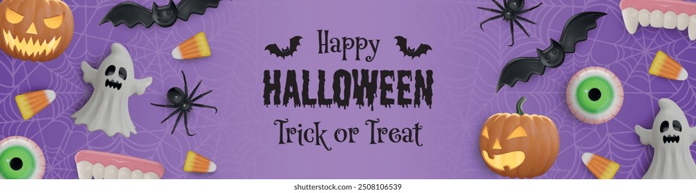 halloween banner with pumpkins, spiders, ghosts and candies