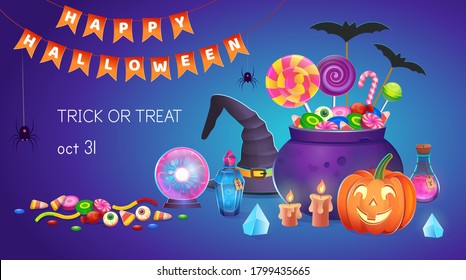 Pancarta de Halloween con calabazas con dulces, sombrero de bruja, caldero, pociones, cristales mágicos de bola y velas. Ilustración vectorial de dibujos animados. Icono para juegos y aplicaciones móviles.
