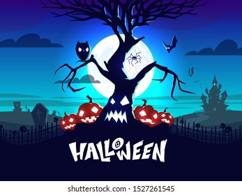 Halloween banner. Pumpkins, tree, owl, bats, spider on the web, cemetery and Draculas castle against the background of the moon. Vector EPS 10